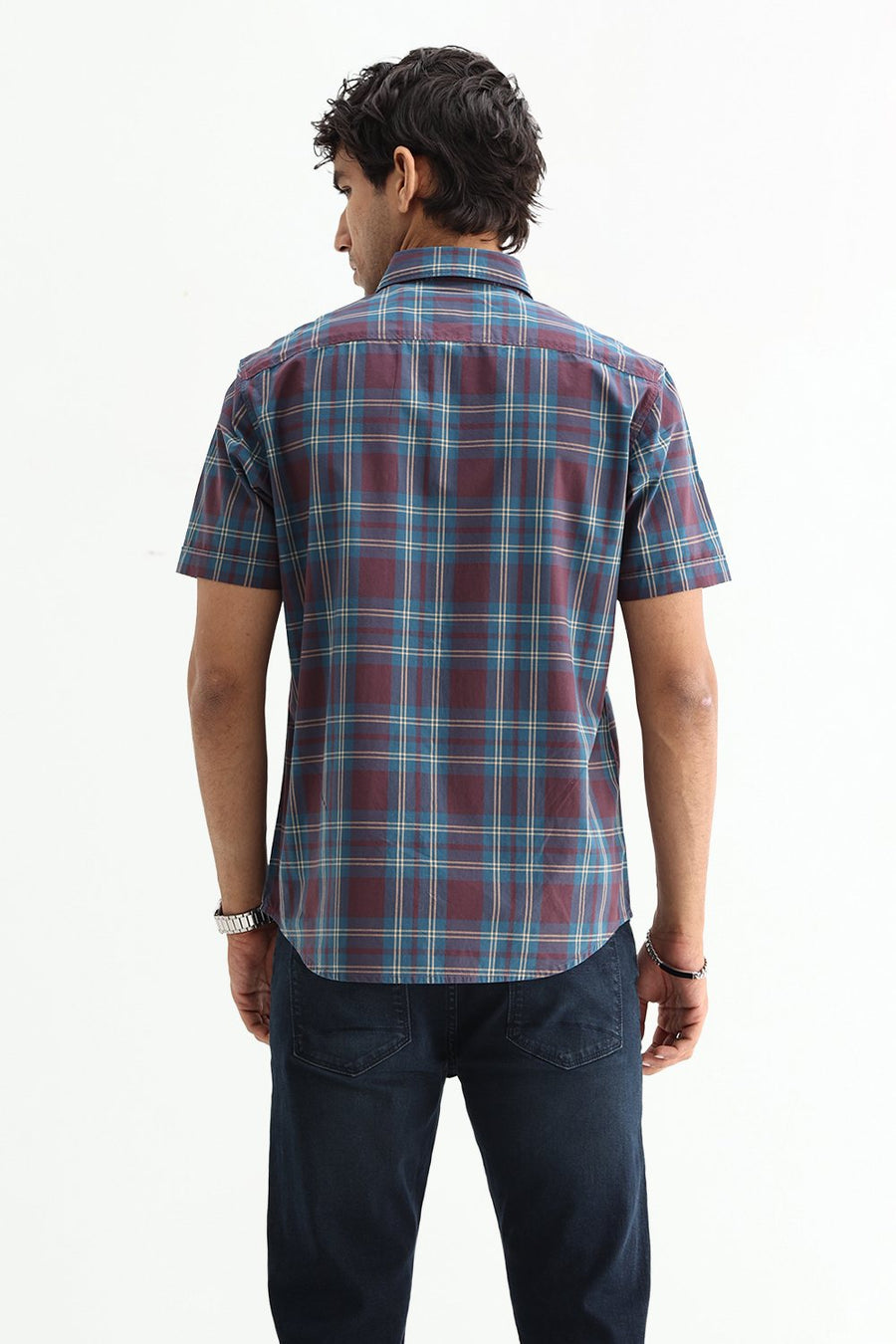 BASICS SLIM FIT STONE MAROON COTTON PLAIN CHECKS HALFSLEEVES SHIRT
