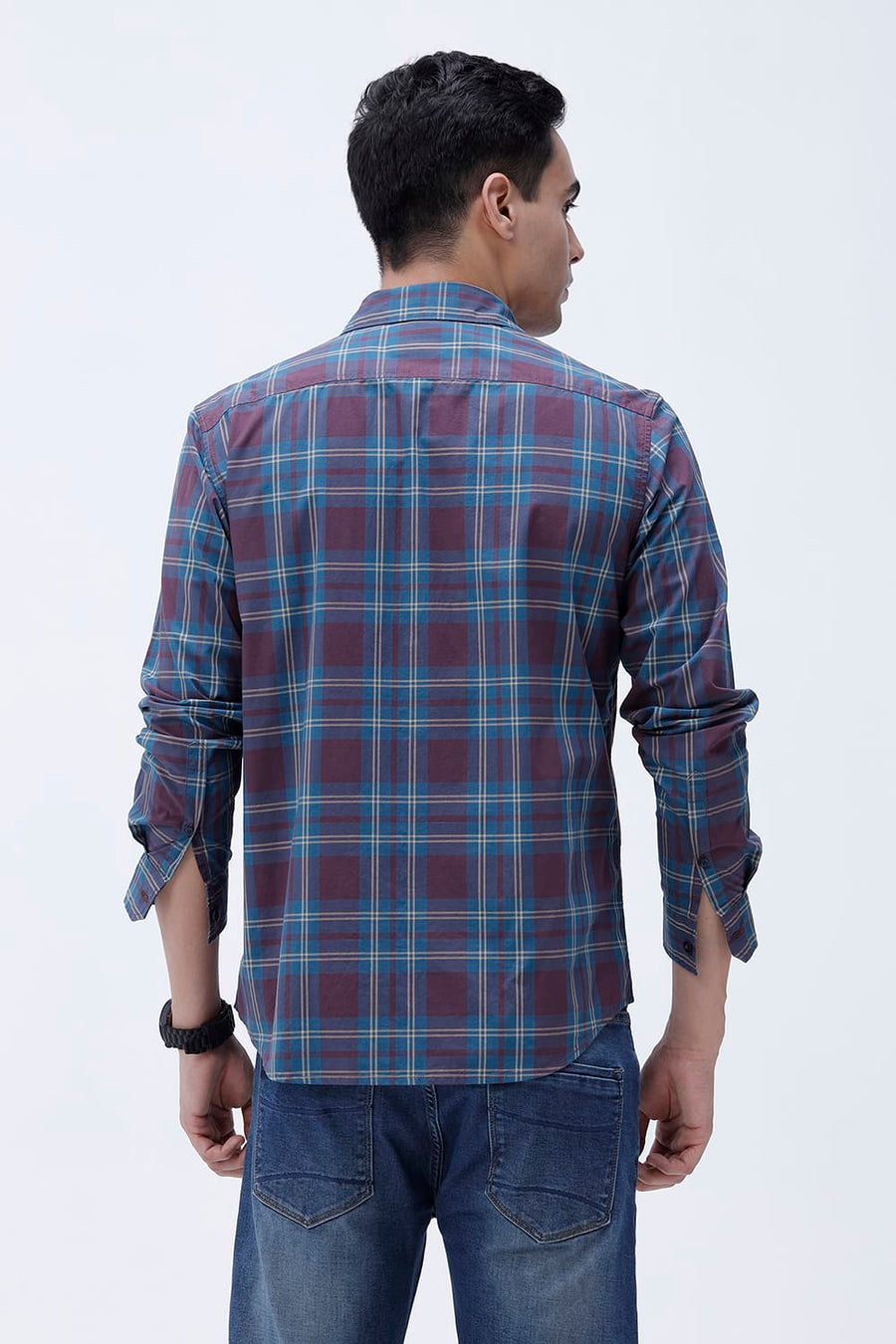 BASICS SLIM FIT STONE MAROON COTTON PLAIN CHECKS SHIRT