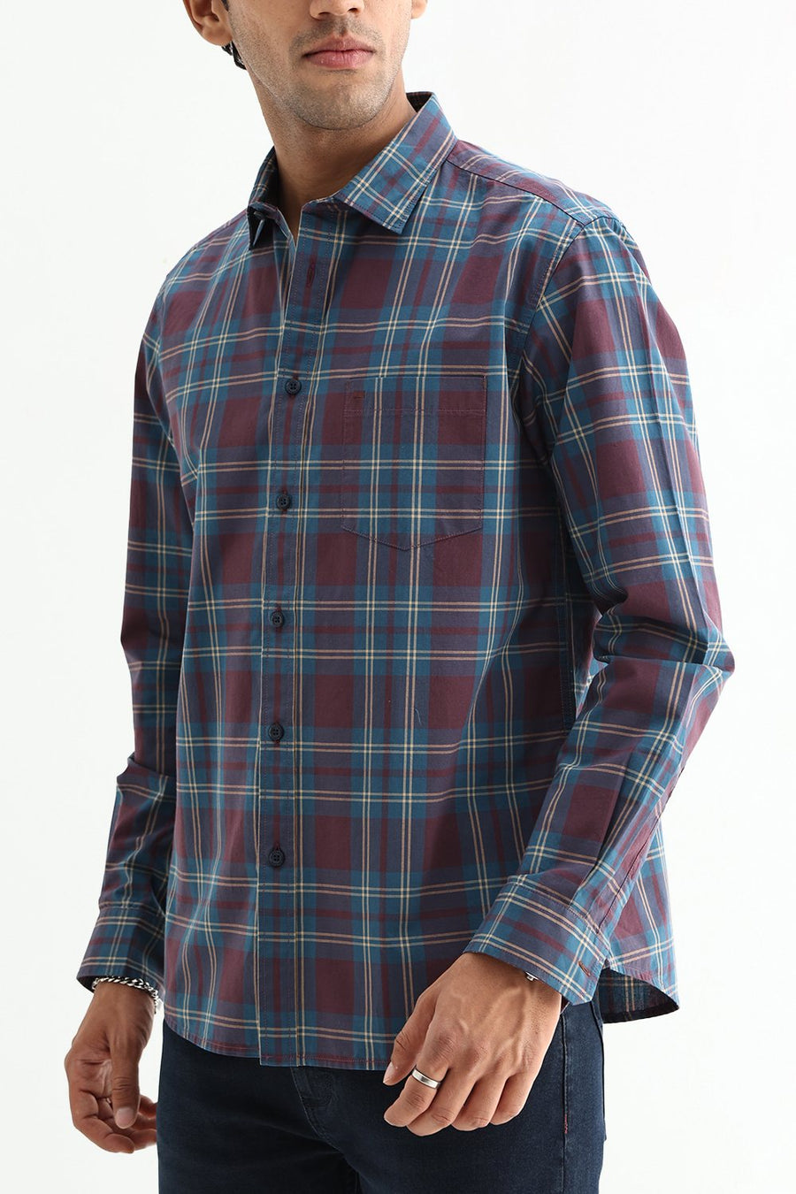 BASICS SLIM FIT STONE MAROON COTTON PLAIN CHECKS SHIRT