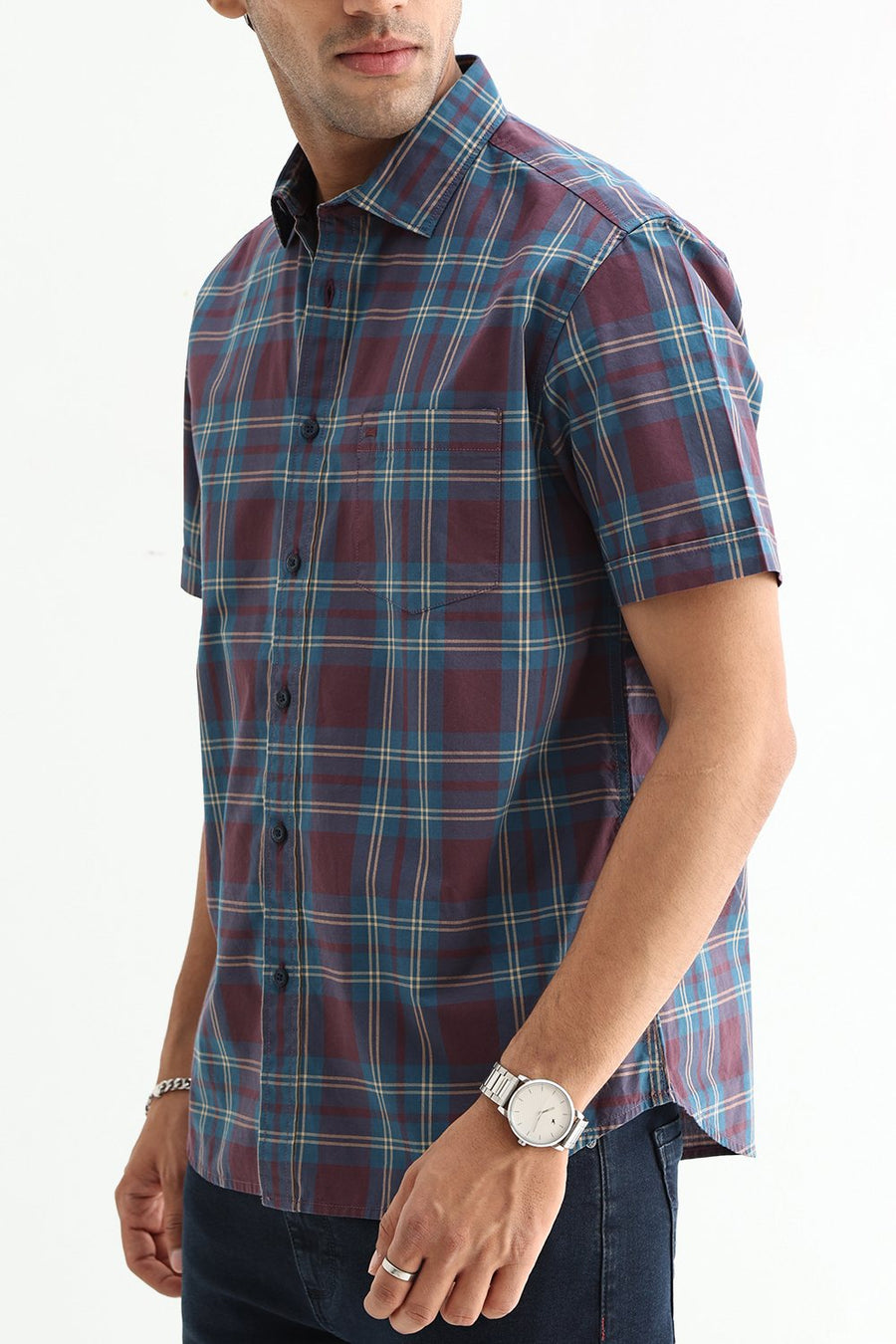 BASICS SLIM FIT STONE MAROON COTTON PLAIN CHECKS HALFSLEEVES SHIRT