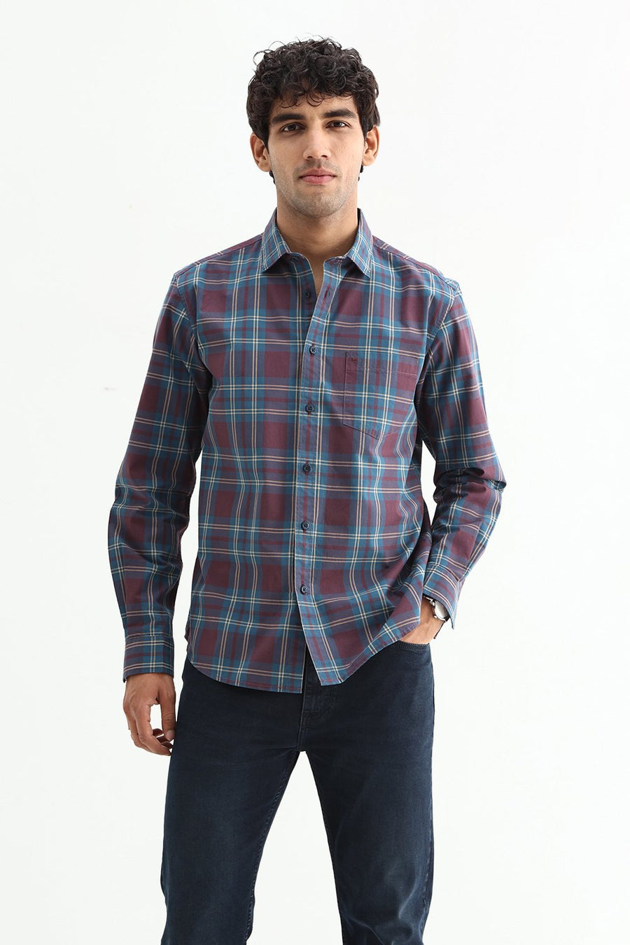 BASICS SLIM FIT STONE MAROON COTTON PLAIN CHECKS SHIRT