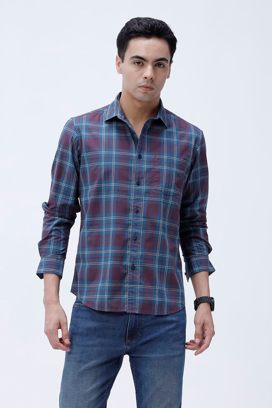 BASICS SLIM FIT STONE MAROON COTTON PLAIN CHECKS SHIRT