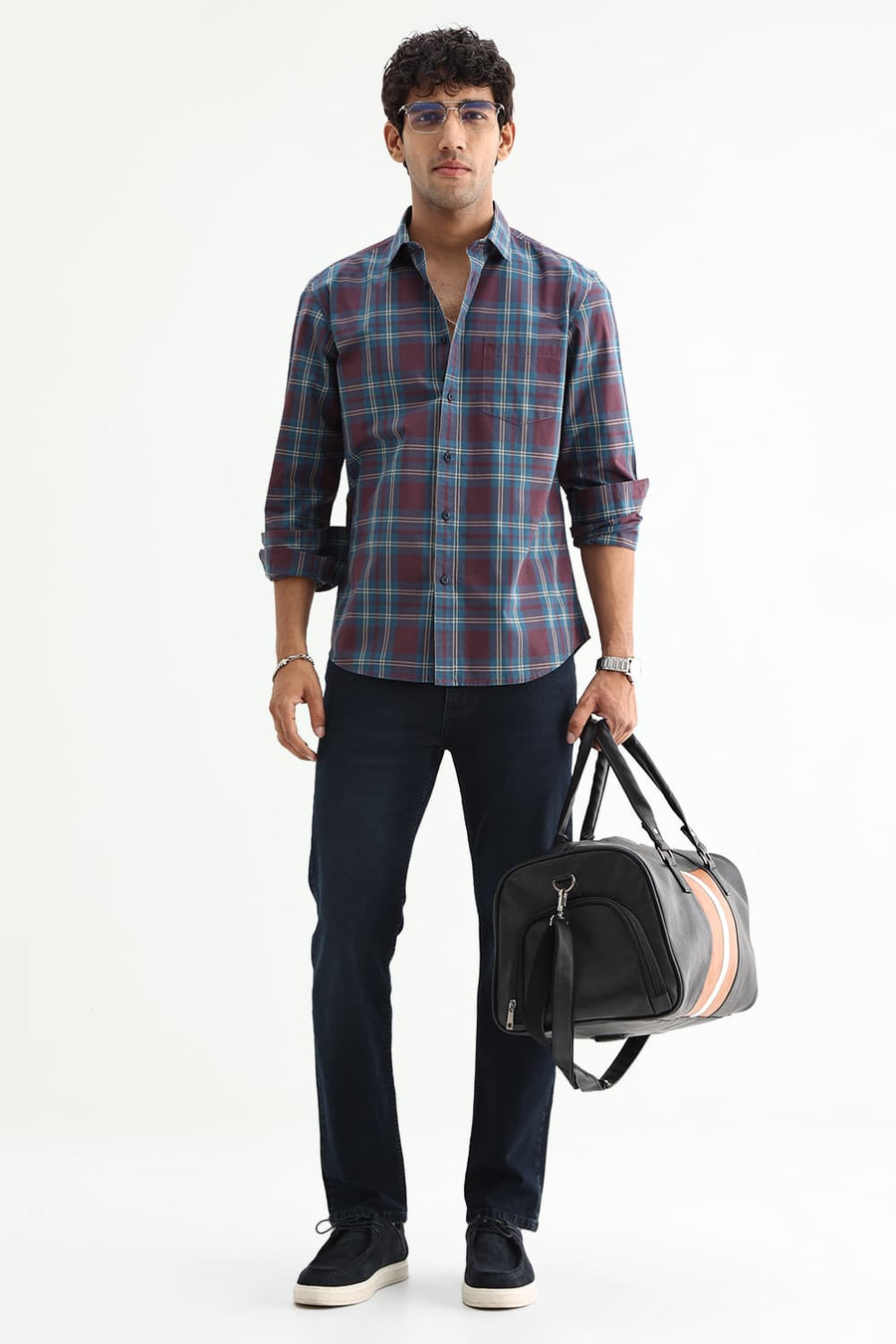 BASICS SLIM FIT STONE MAROON COTTON PLAIN CHECKS SHIRT