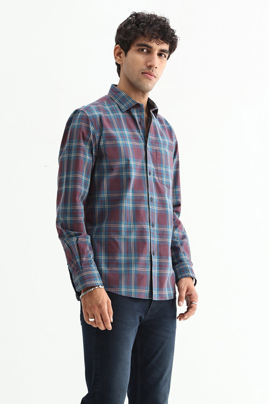 BASICS SLIM FIT STONE MAROON COTTON PLAIN CHECKS SHIRT