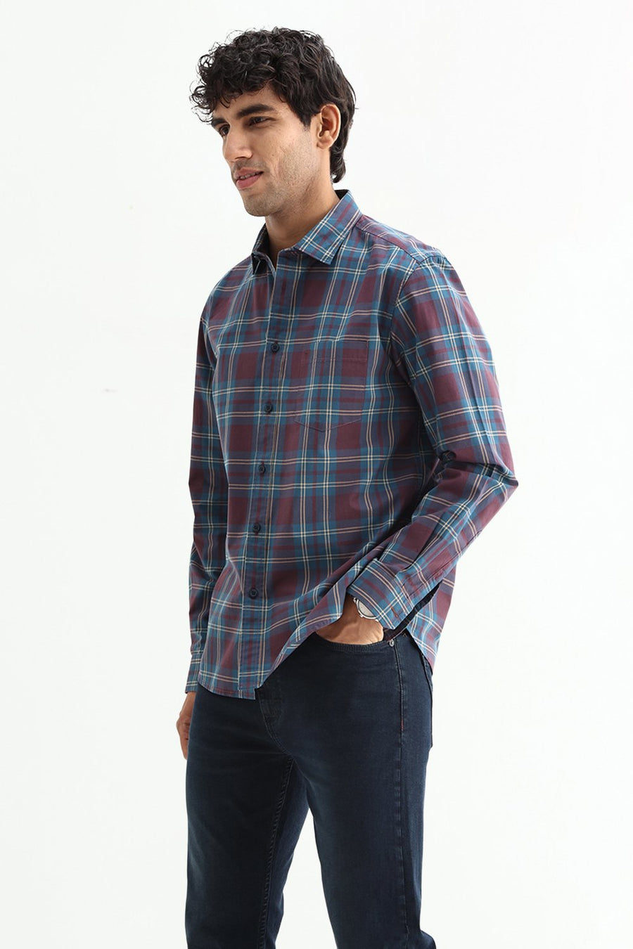 BASICS SLIM FIT STONE MAROON COTTON PLAIN CHECKS SHIRT