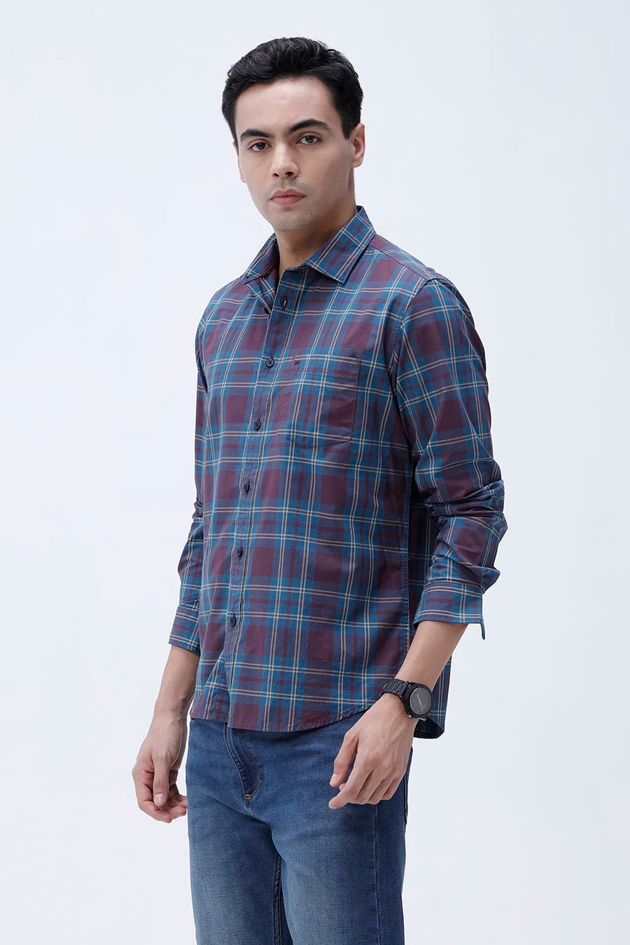 BASICS SLIM FIT STONE MAROON COTTON PLAIN CHECKS SHIRT