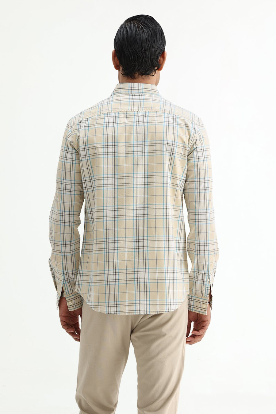 BASICS SLIM FIT GRAVEL BEIGE COTTON PLAIN CHECKS SHIRT