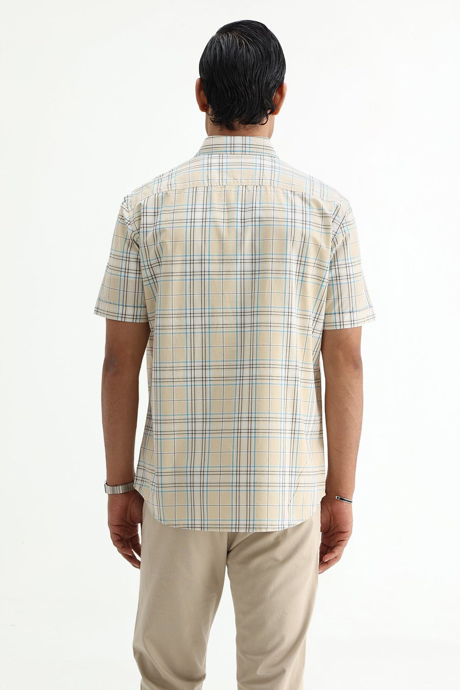 BASICS SLIM FIT GRAVEL BEIGE COTTON PLAIN CHECKS HALFSLEEVES SHIRT