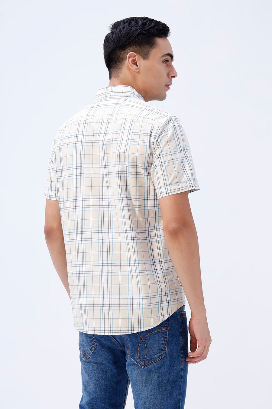 BASICS SLIM FIT GRAVEL BEIGE COTTON PLAIN CHECKS HALFSLEEVES SHIRT