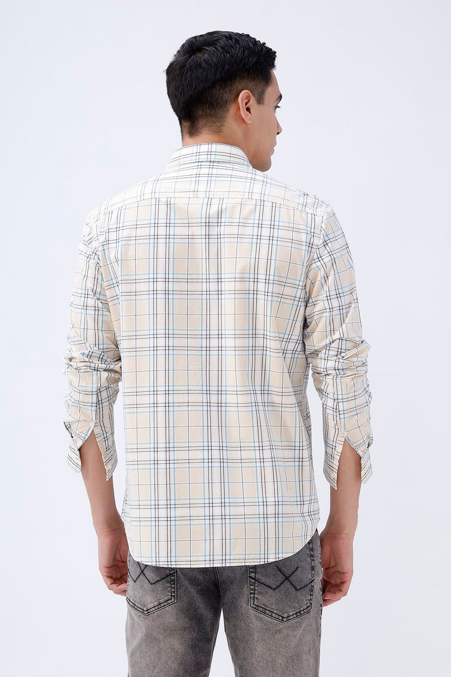 BASICS SLIM FIT GRAVEL BEIGE COTTON PLAIN CHECKS SHIRT