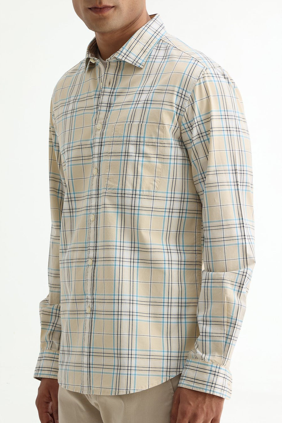 BASICS SLIM FIT GRAVEL BEIGE COTTON PLAIN CHECKS SHIRT