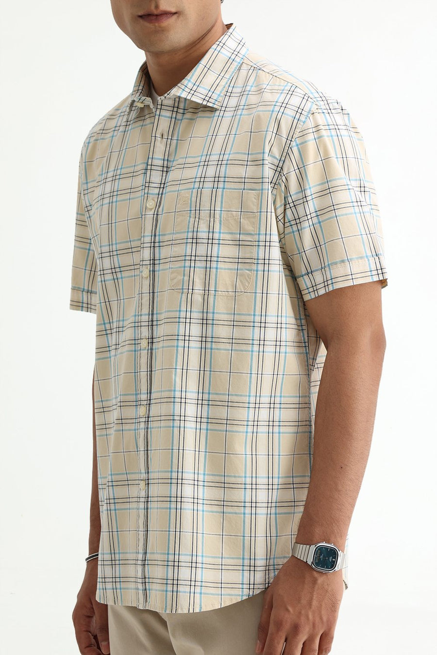 BASICS SLIM FIT GRAVEL BEIGE COTTON PLAIN CHECKS HALFSLEEVES SHIRT