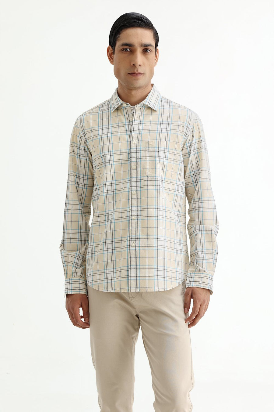 BASICS SLIM FIT GRAVEL BEIGE COTTON PLAIN CHECKS SHIRT