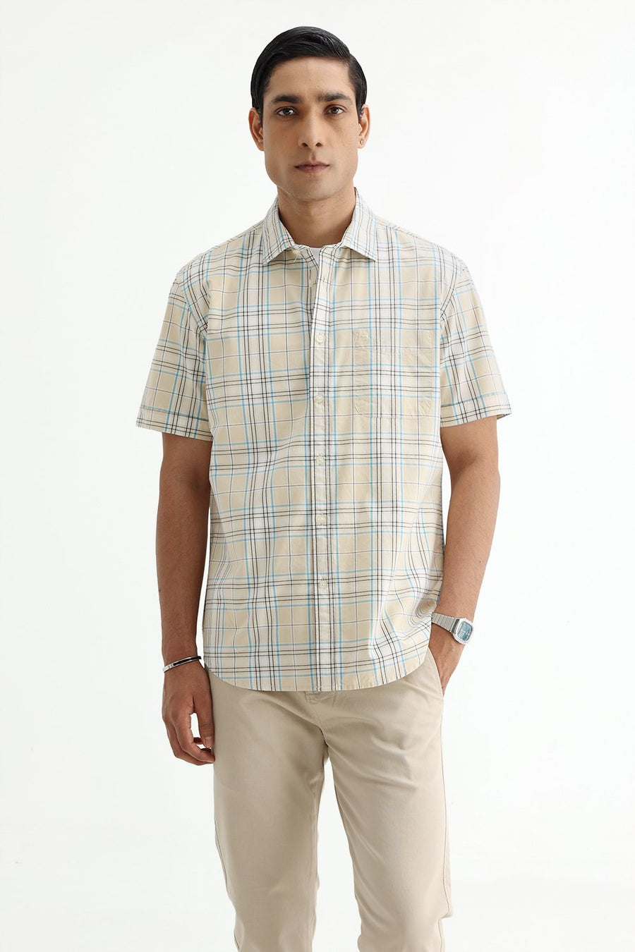 BASICS SLIM FIT GRAVEL BEIGE COTTON PLAIN CHECKS HALFSLEEVES SHIRT