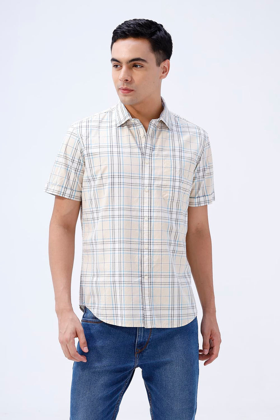 BASICS SLIM FIT GRAVEL BEIGE COTTON PLAIN CHECKS HALFSLEEVES SHIRT
