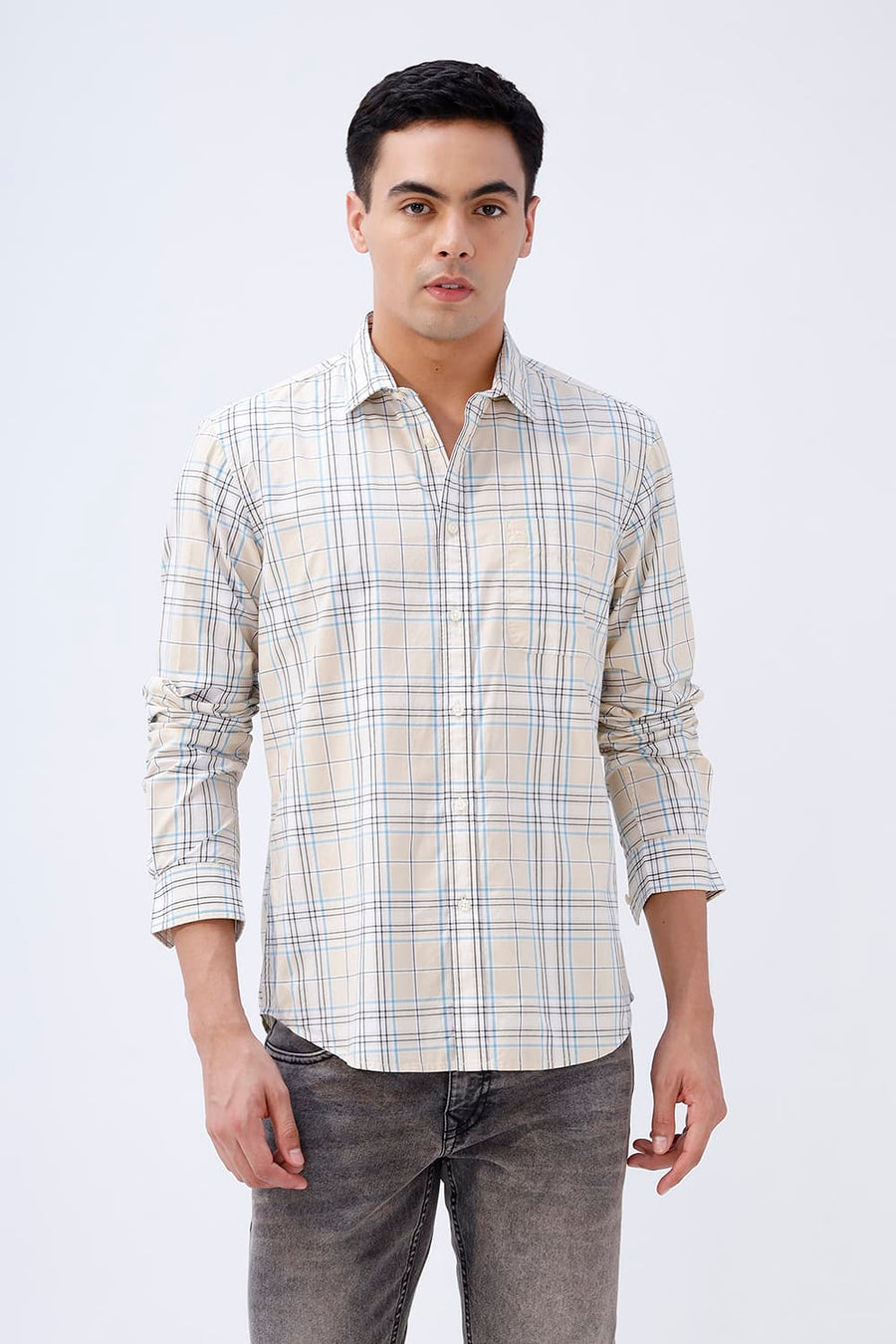 BASICS SLIM FIT GRAVEL BEIGE COTTON PLAIN CHECKS SHIRT