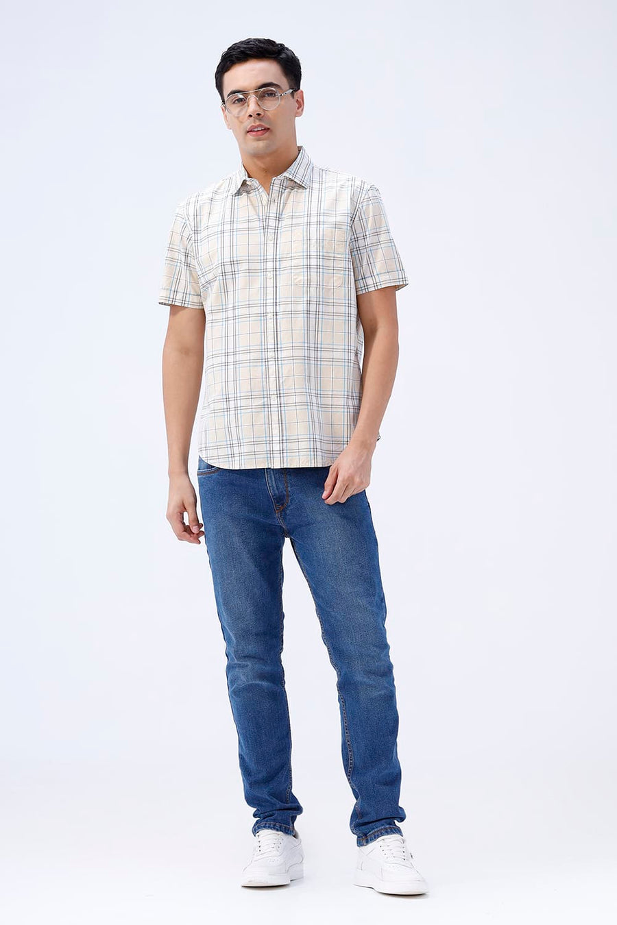 BASICS SLIM FIT GRAVEL BEIGE COTTON PLAIN CHECKS HALFSLEEVES SHIRT