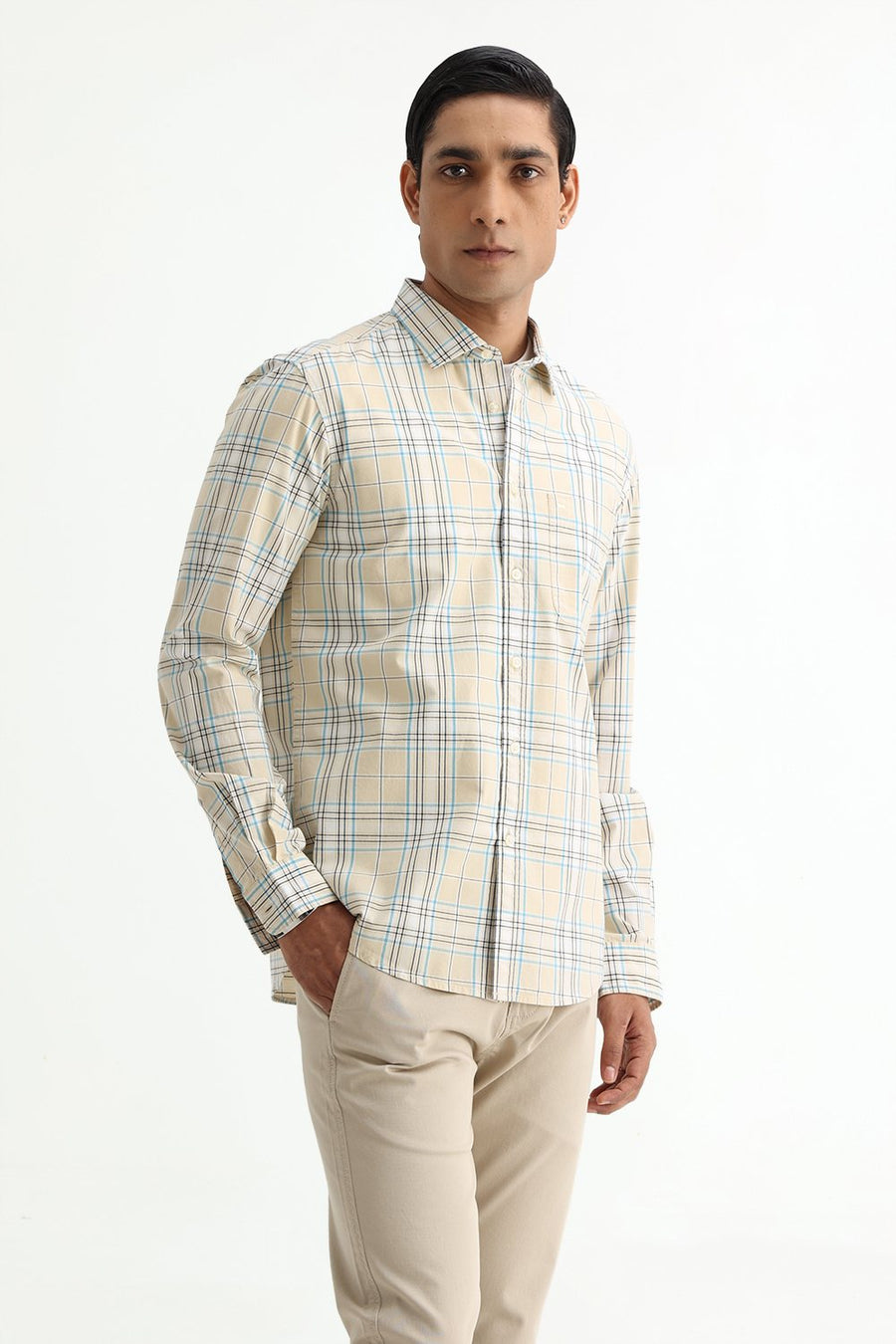 BASICS SLIM FIT GRAVEL BEIGE COTTON PLAIN CHECKS SHIRT