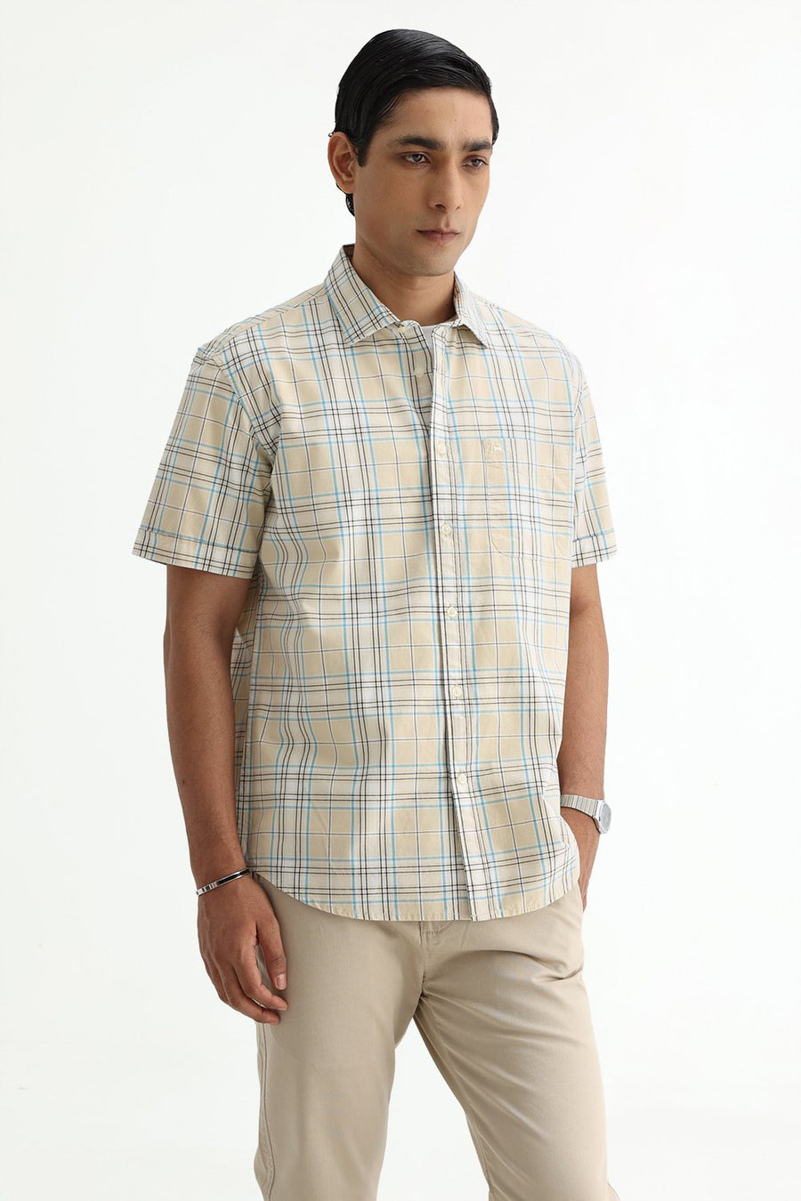 BASICS SLIM FIT GRAVEL BEIGE COTTON PLAIN CHECKS HALFSLEEVES SHIRT