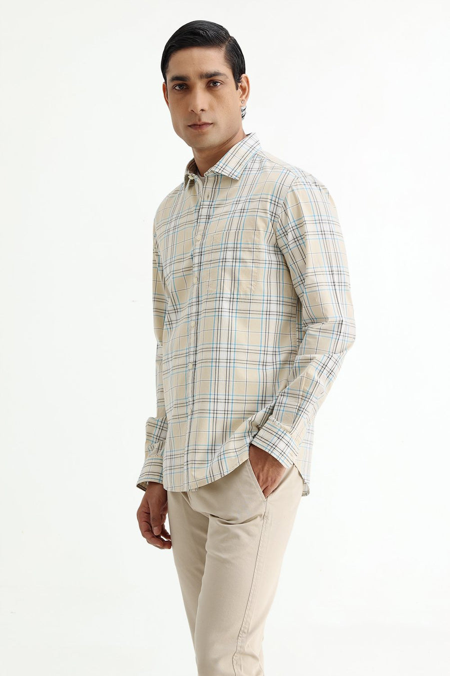 BASICS SLIM FIT GRAVEL BEIGE COTTON PLAIN CHECKS SHIRT