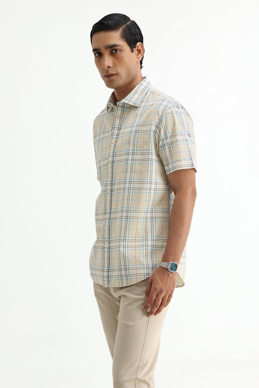 BASICS SLIM FIT GRAVEL BEIGE COTTON PLAIN CHECKS HALFSLEEVES SHIRT