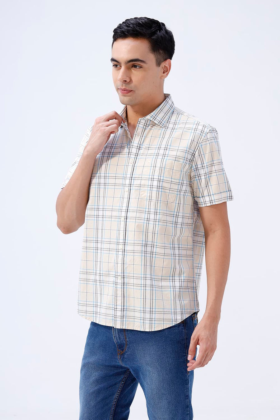 BASICS SLIM FIT GRAVEL BEIGE COTTON PLAIN CHECKS HALFSLEEVES SHIRT