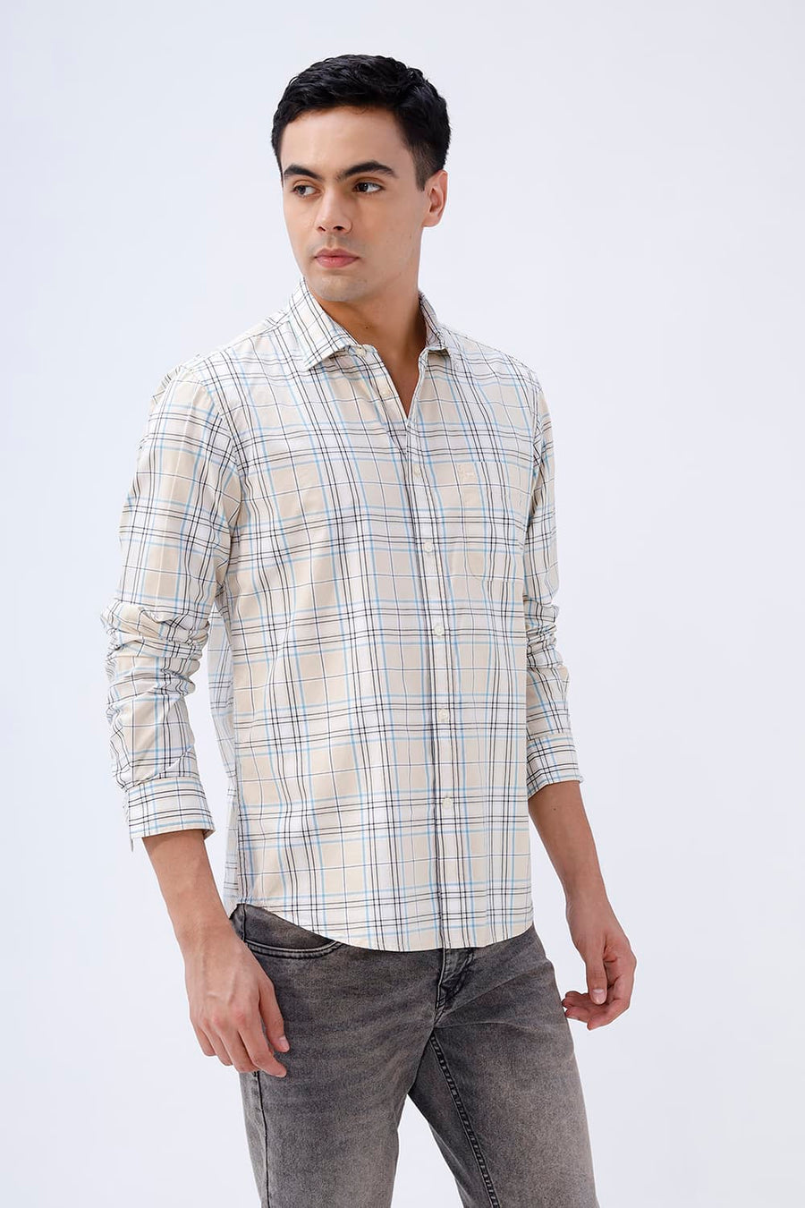 BASICS SLIM FIT GRAVEL BEIGE COTTON PLAIN CHECKS SHIRT