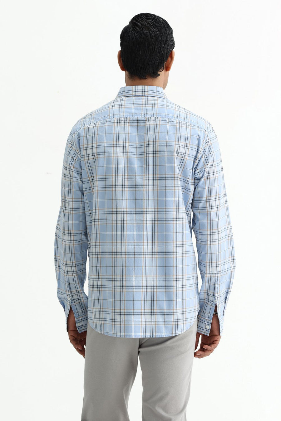 BASICS SLIM FIT CELESTIAL BLUE COTTON PLAIN CHECKS SHIRT