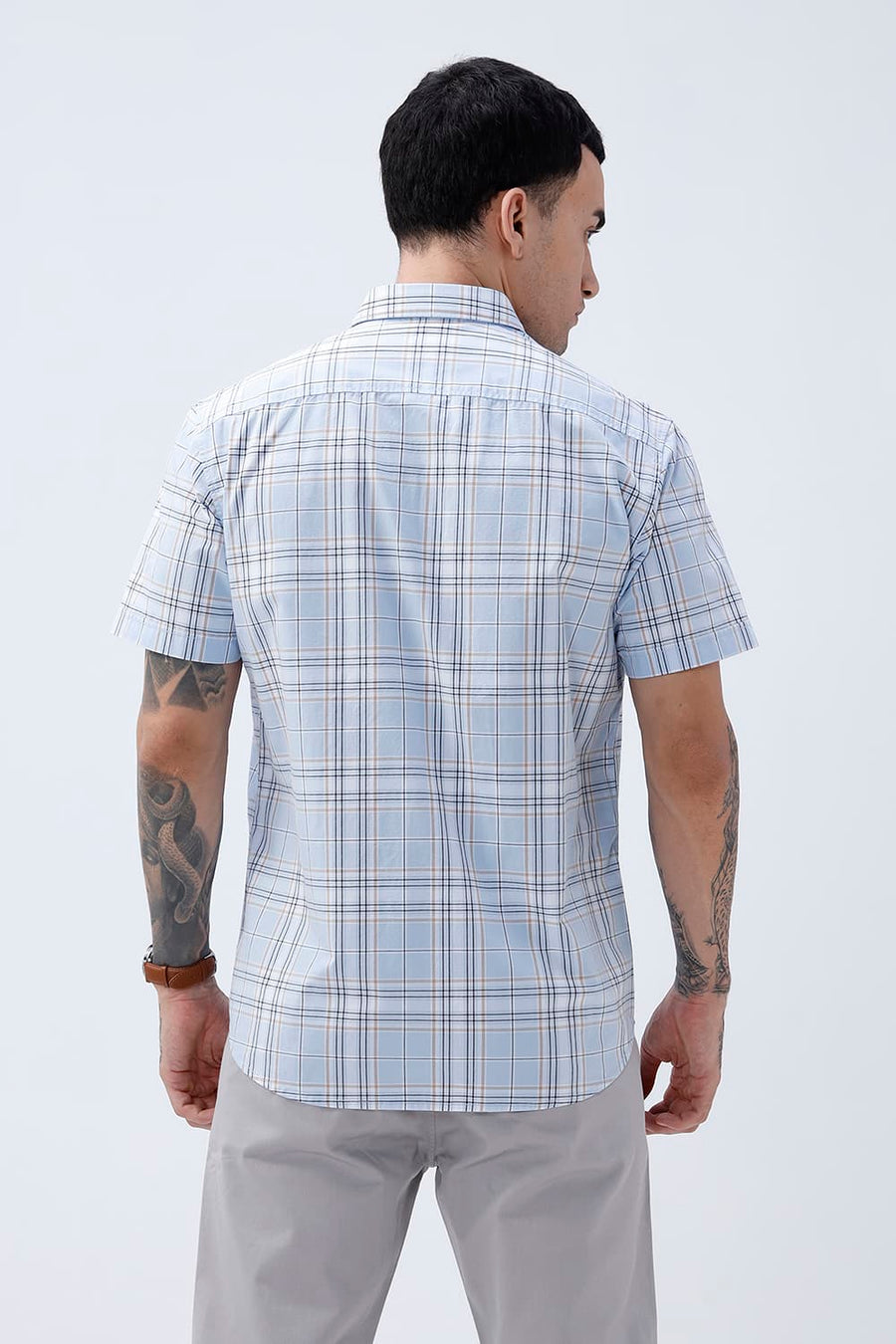 BASICS SLIM FIT CELESTIAL BLUE COTTON PLAIN CHECKS HALFSLEEVES SHIRT