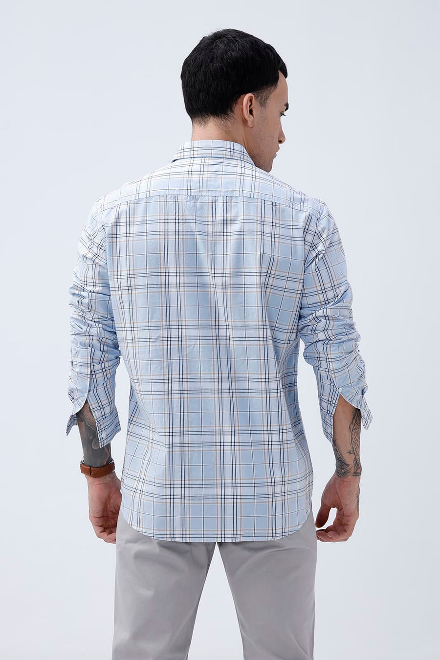 BASICS SLIM FIT CELESTIAL BLUE COTTON PLAIN CHECKS SHIRT