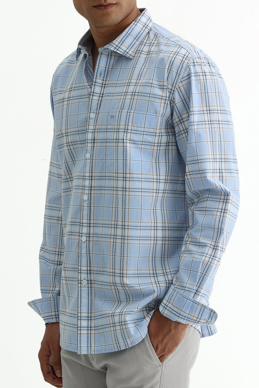 BASICS SLIM FIT CELESTIAL BLUE COTTON PLAIN CHECKS SHIRT