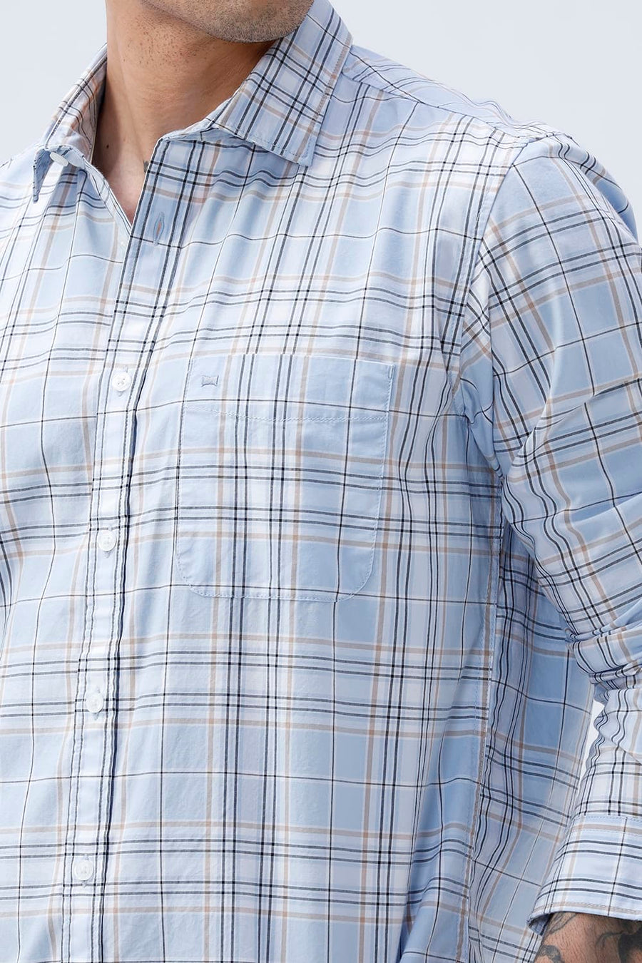 BASICS SLIM FIT CELESTIAL BLUE COTTON PLAIN CHECKS SHIRT