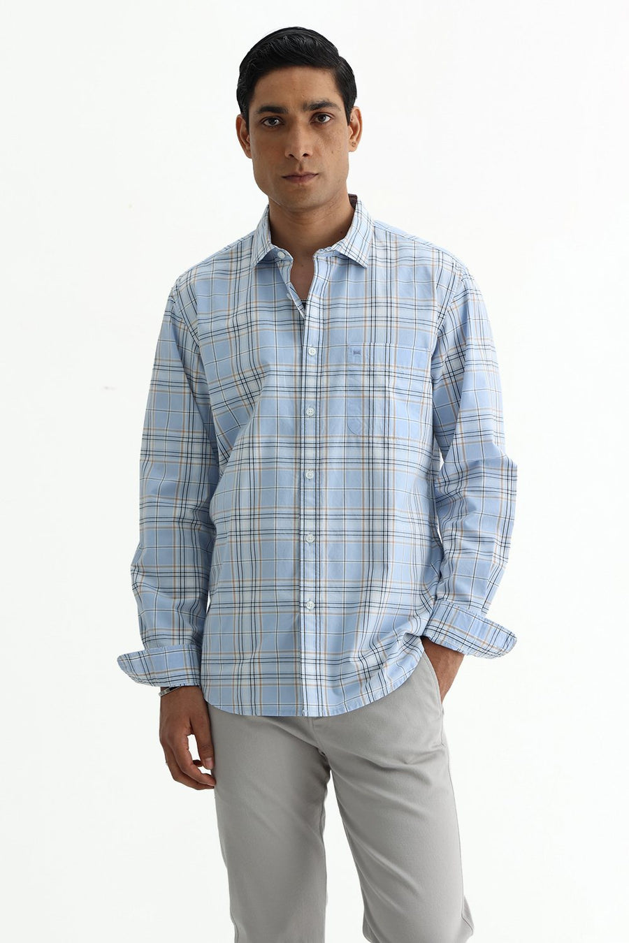 BASICS SLIM FIT CELESTIAL BLUE COTTON PLAIN CHECKS SHIRT