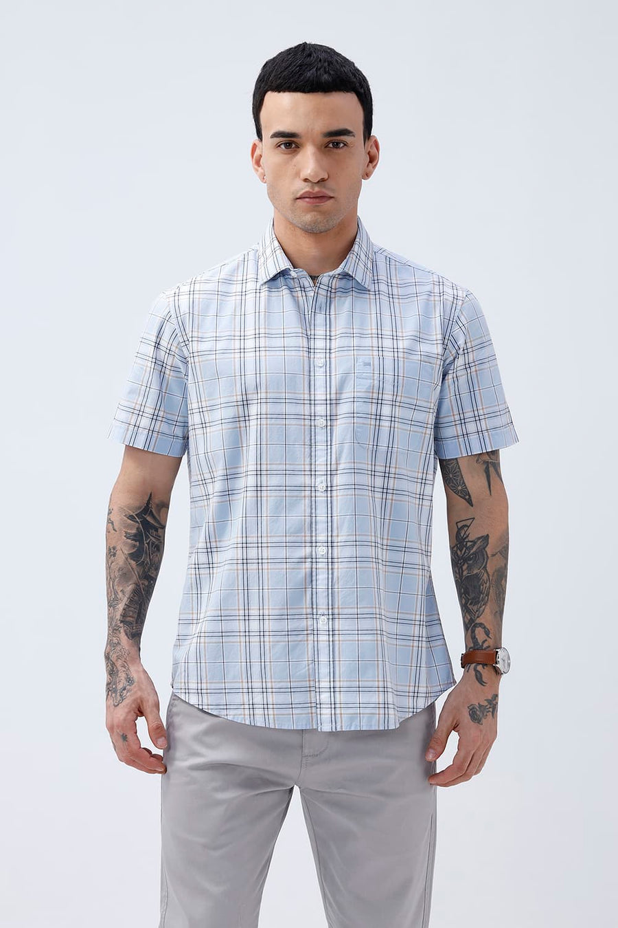 BASICS SLIM FIT CELESTIAL BLUE COTTON PLAIN CHECKS HALFSLEEVES SHIRT