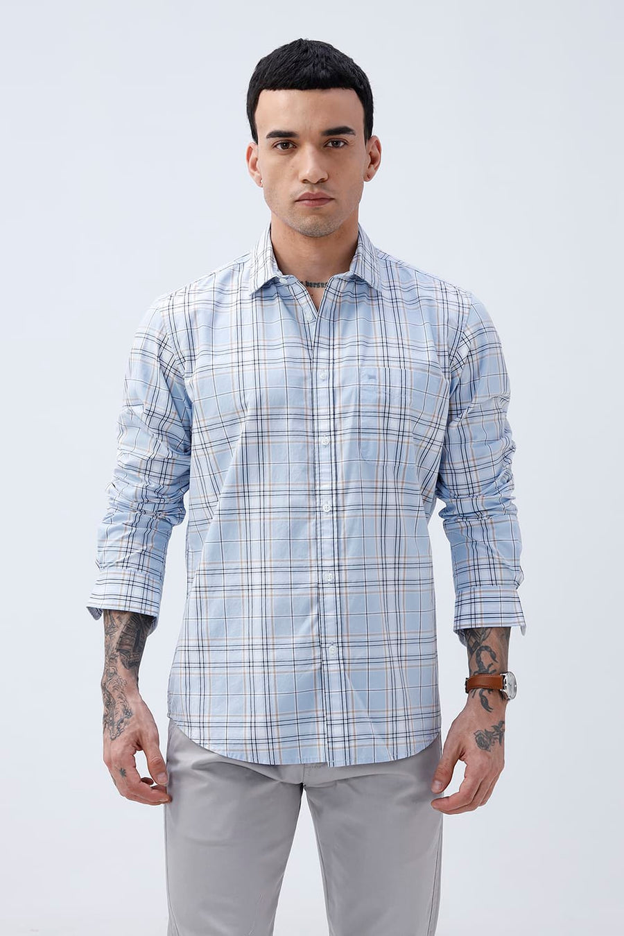 BASICS SLIM FIT CELESTIAL BLUE COTTON PLAIN CHECKS SHIRT