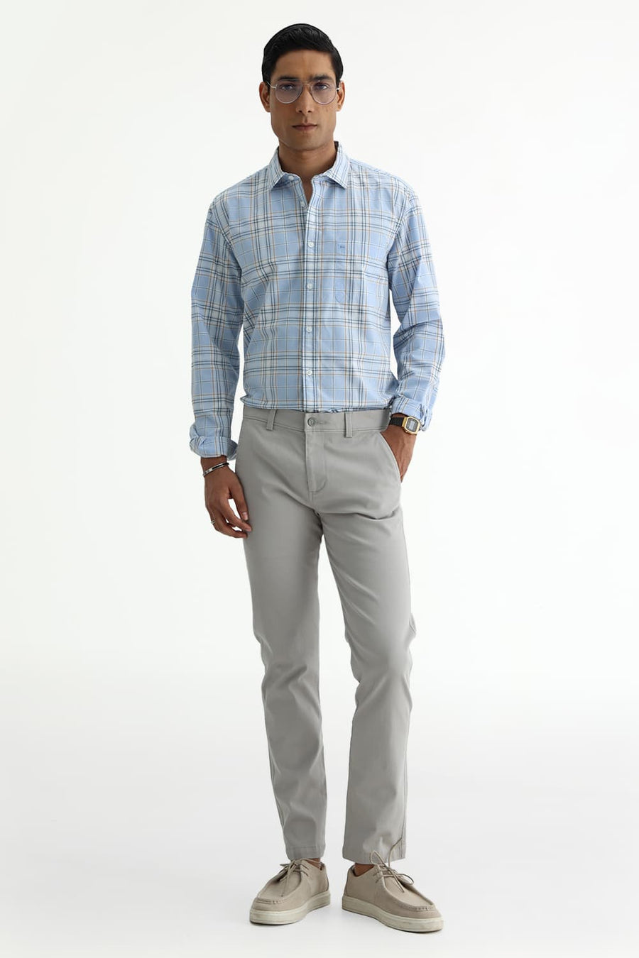 BASICS SLIM FIT CELESTIAL BLUE COTTON PLAIN CHECKS SHIRT