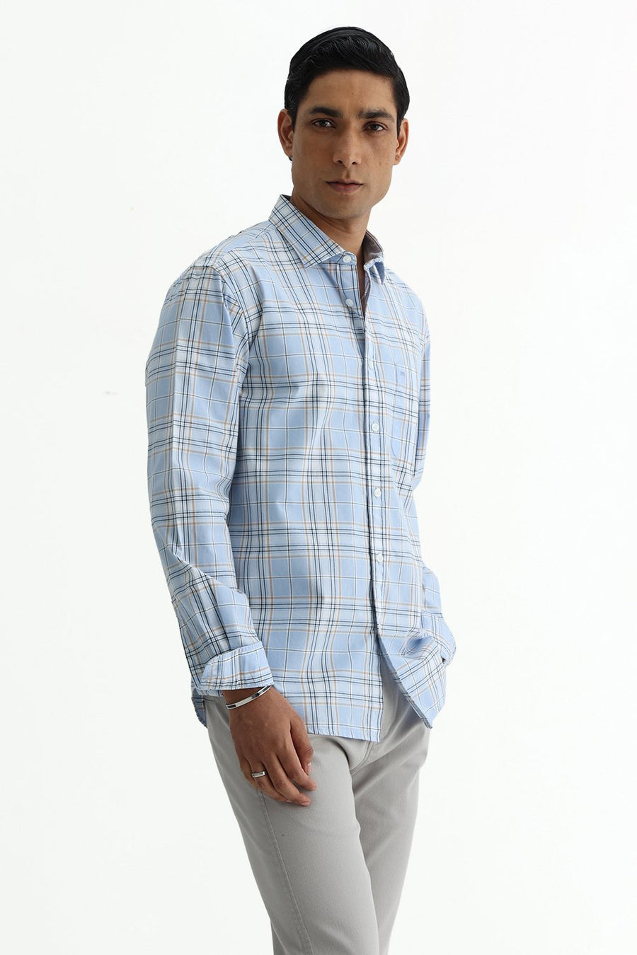 BASICS SLIM FIT CELESTIAL BLUE COTTON PLAIN CHECKS SHIRT