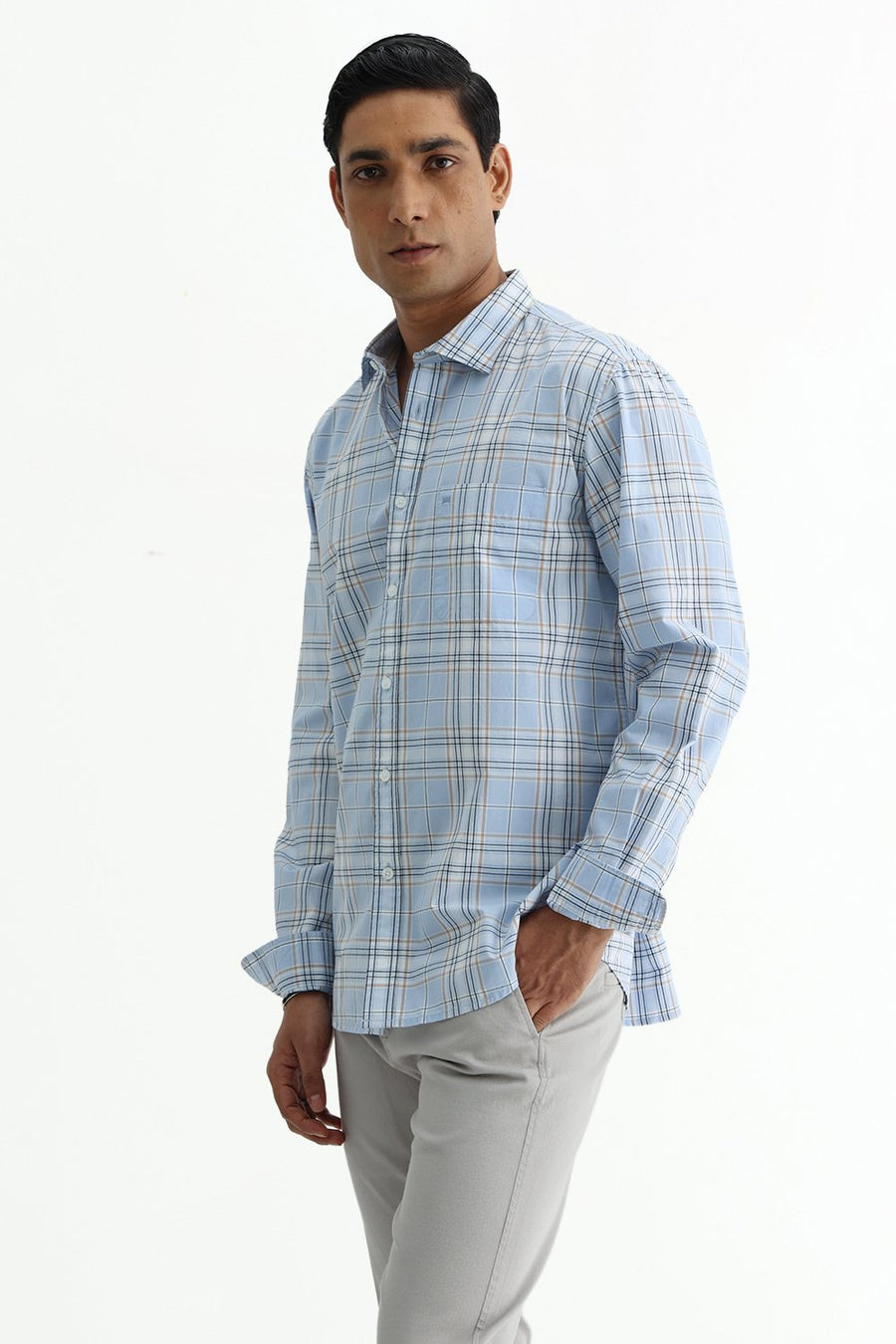 BASICS SLIM FIT CELESTIAL BLUE COTTON PLAIN CHECKS SHIRT