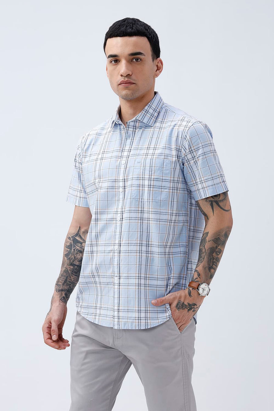 BASICS SLIM FIT CELESTIAL BLUE COTTON PLAIN CHECKS HALFSLEEVES SHIRT