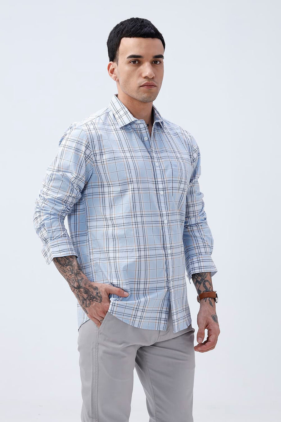 BASICS SLIM FIT CELESTIAL BLUE COTTON PLAIN CHECKS SHIRT
