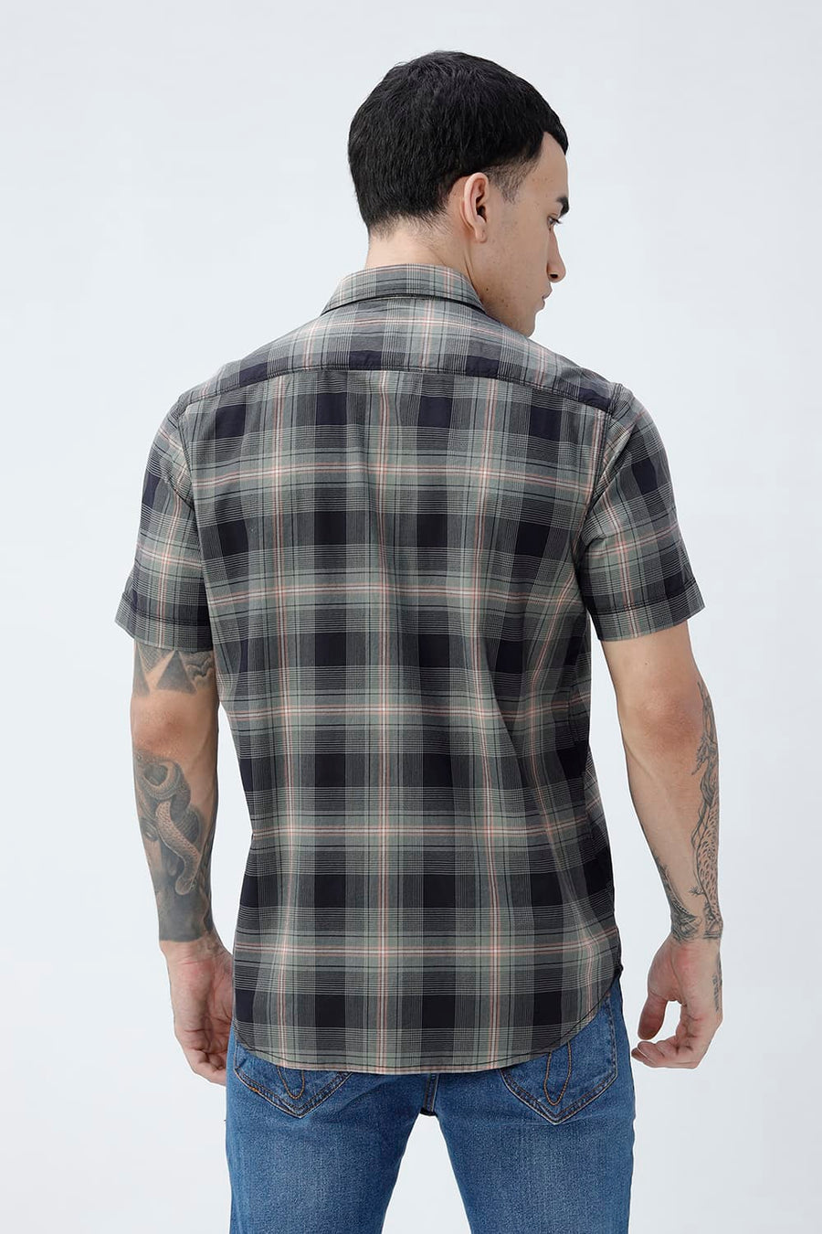 BASICS SLIM FIT CILANTRO BLACK COTTON TWILL CHECKS HALFSLEEVES SHIRT