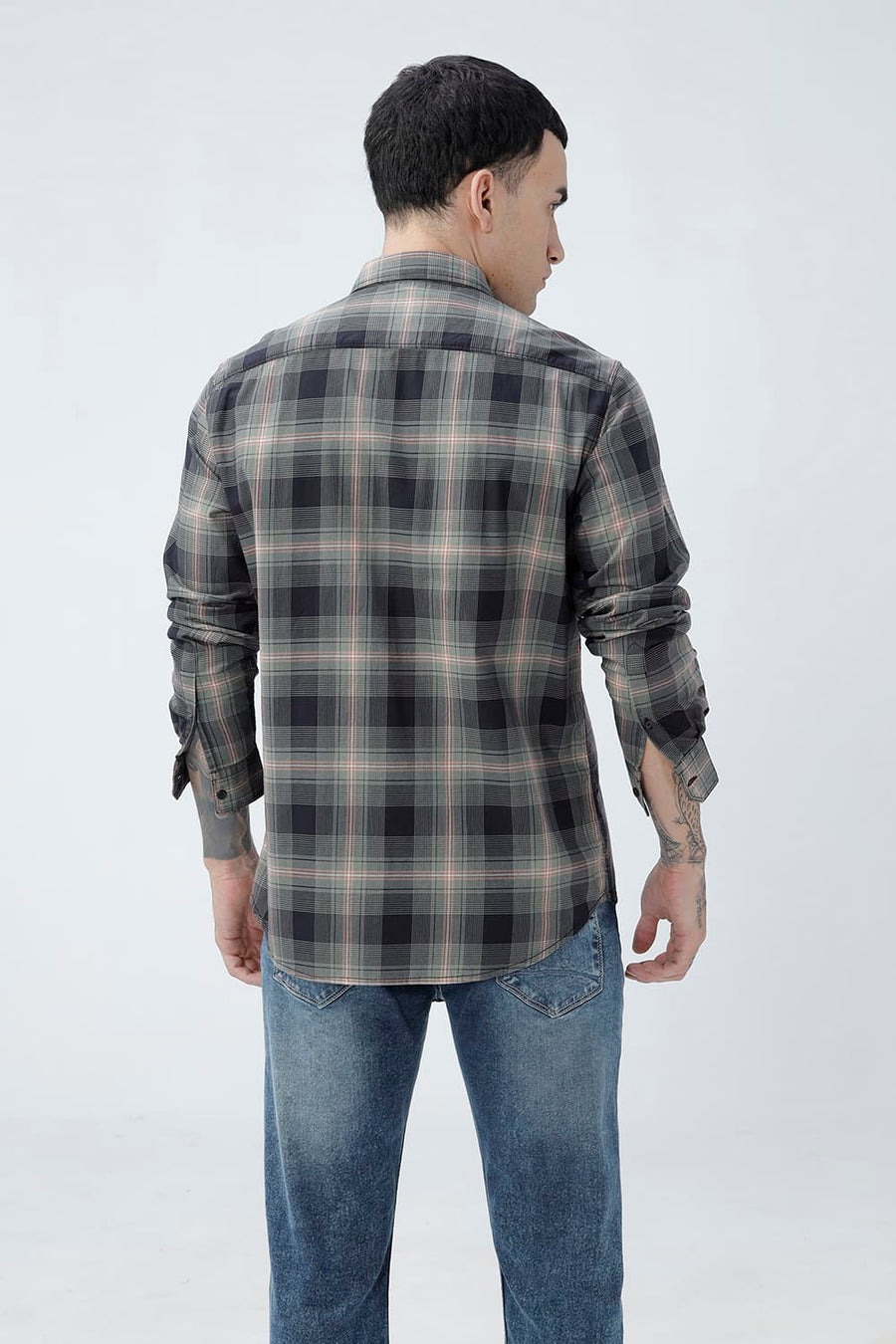 BASICS SLIM FIT CILANTRO BLACK COTTON TWILL CHECKS SHIRT