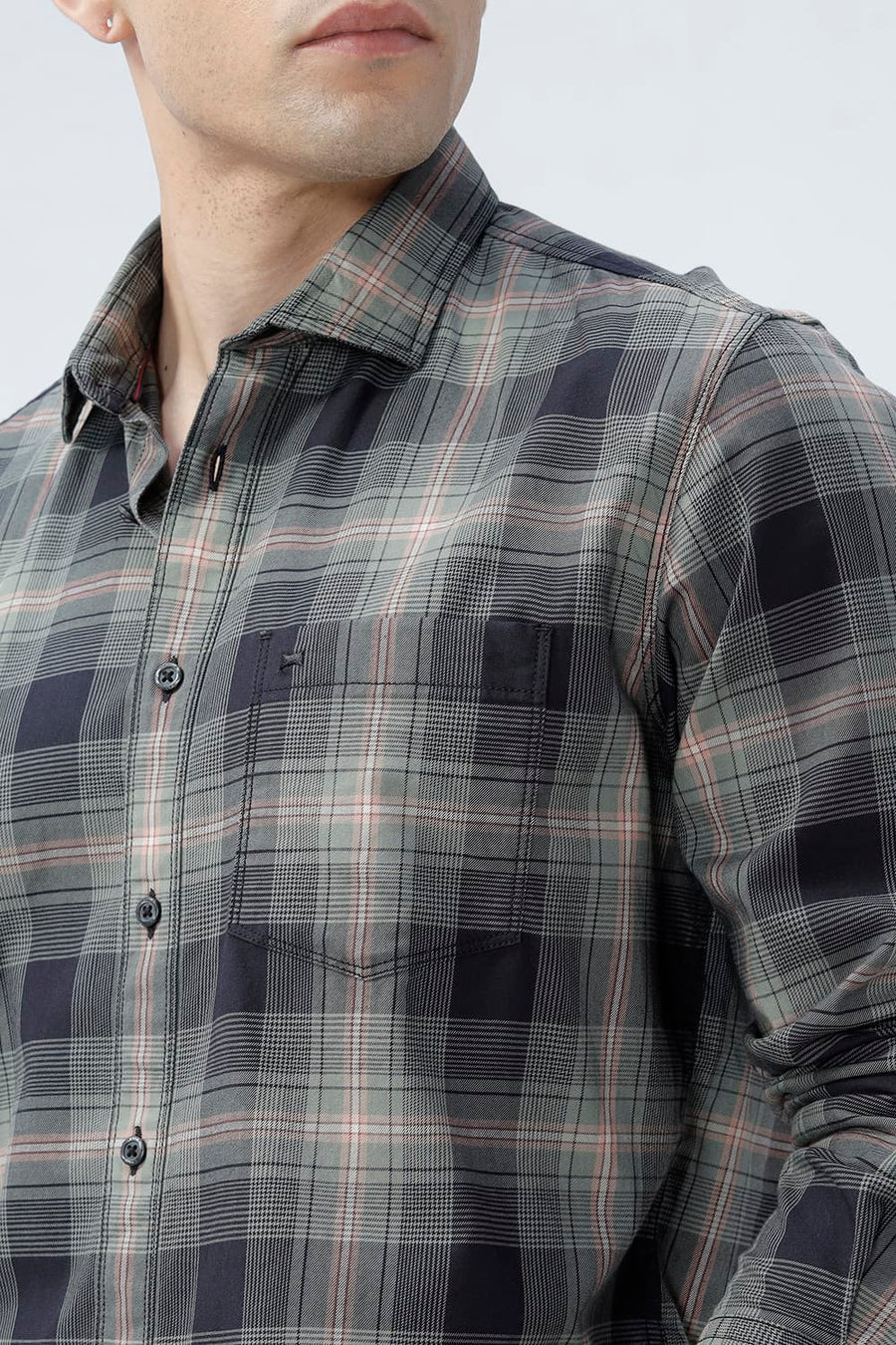 BASICS SLIM FIT CILANTRO BLACK COTTON TWILL CHECKS SHIRT