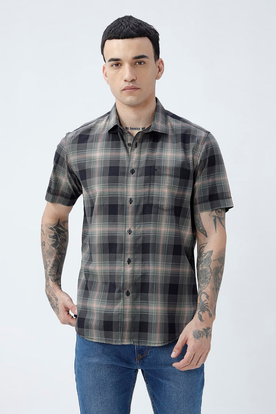 BASICS SLIM FIT CILANTRO BLACK COTTON TWILL CHECKS HALFSLEEVES SHIRT