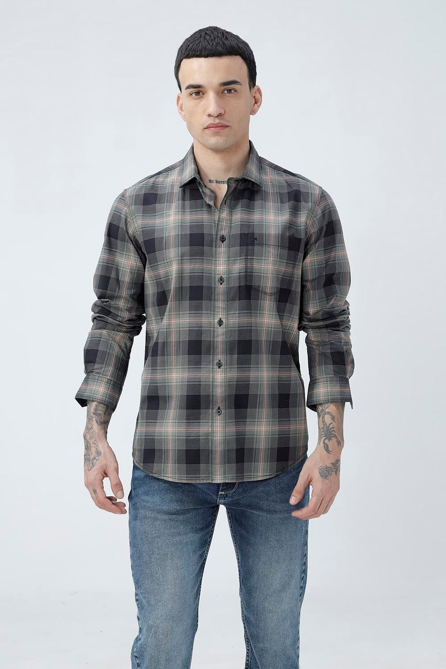BASICS SLIM FIT CILANTRO BLACK COTTON TWILL CHECKS SHIRT