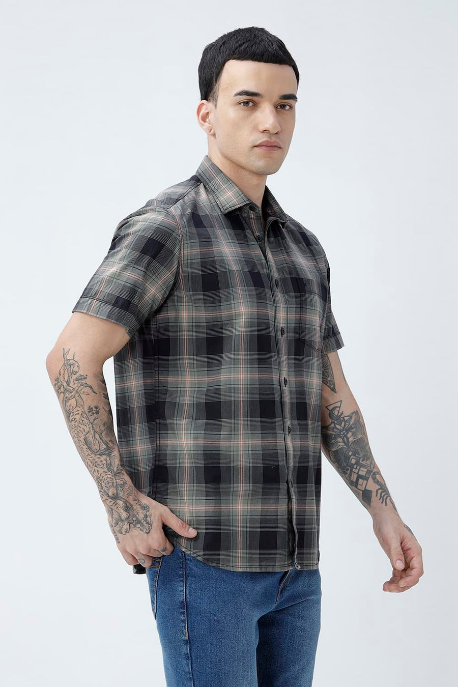 BASICS SLIM FIT CILANTRO BLACK COTTON TWILL CHECKS HALFSLEEVES SHIRT