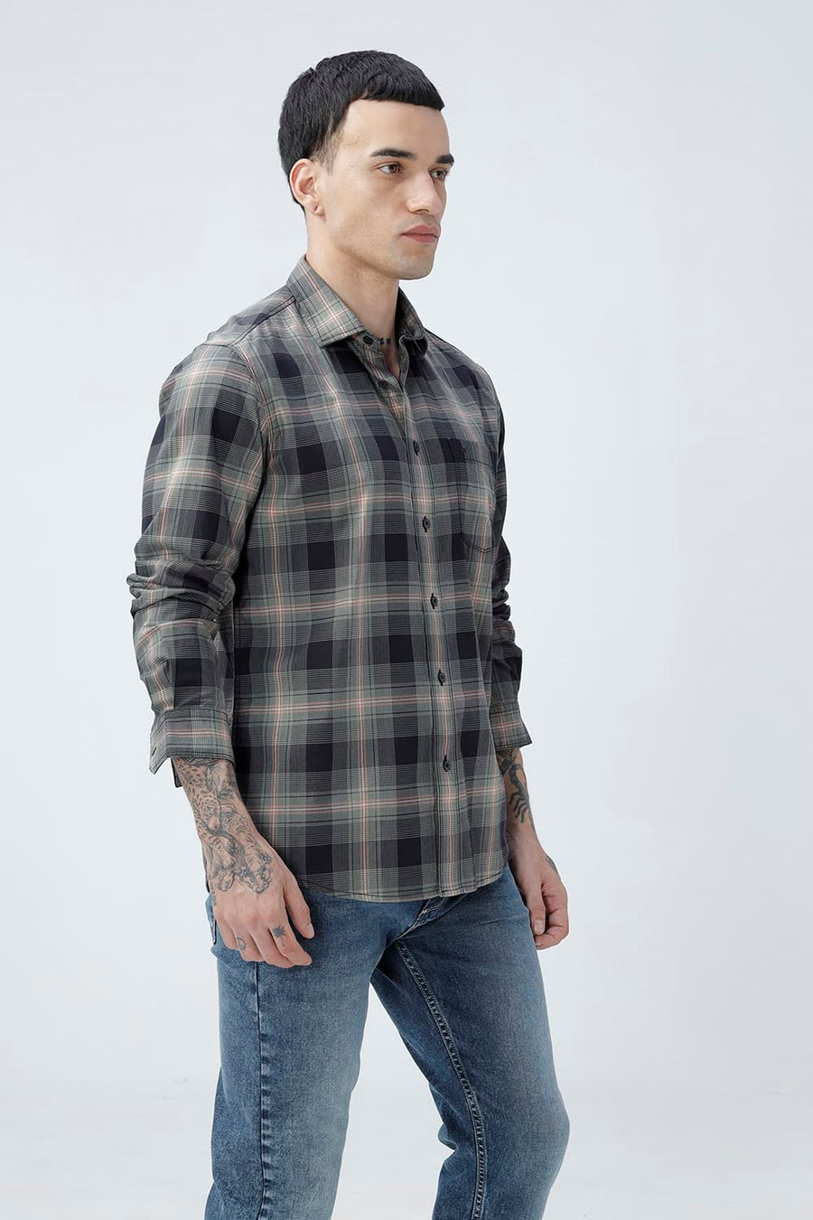 BASICS SLIM FIT CILANTRO BLACK COTTON TWILL CHECKS SHIRT