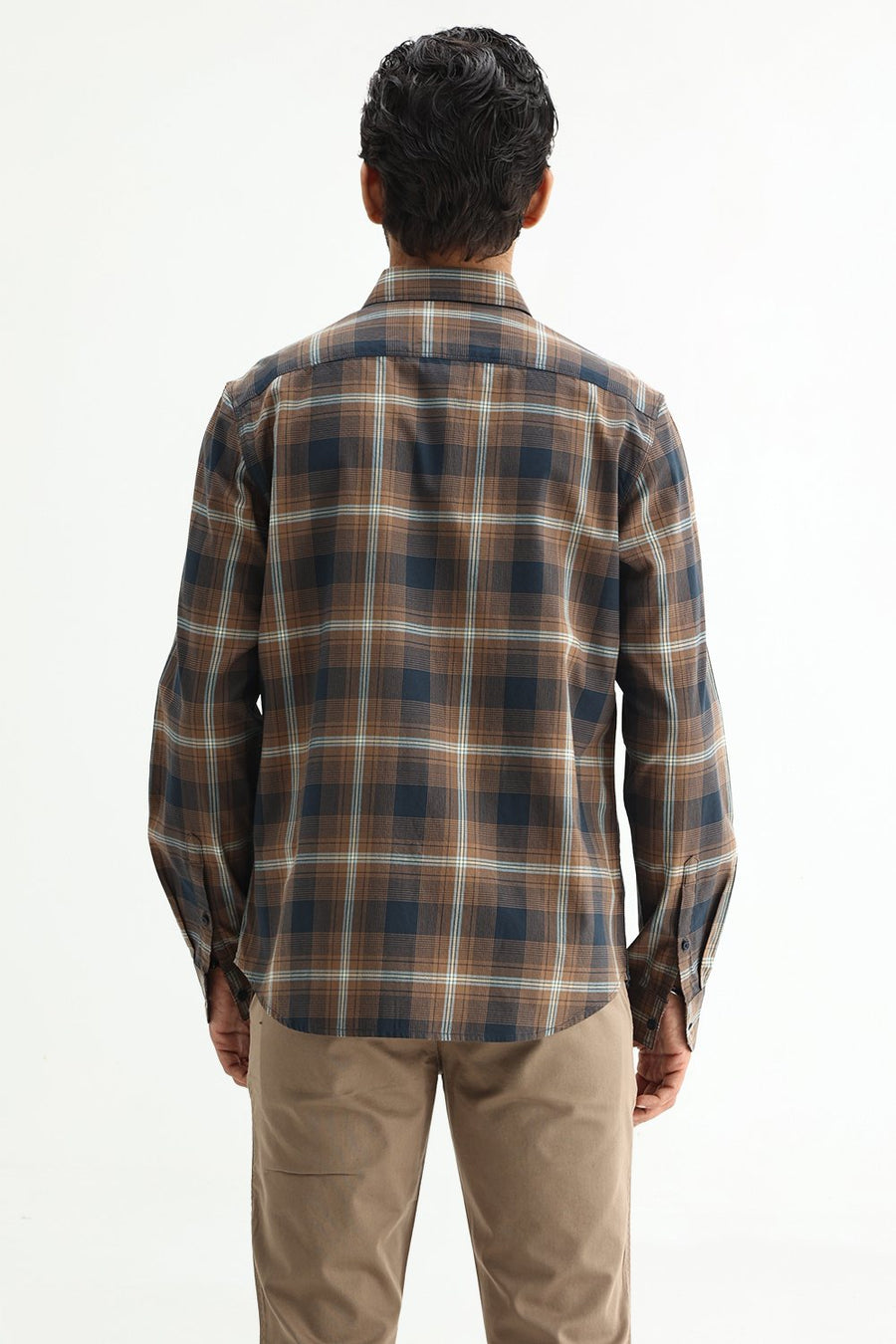 BASICS SLIM FIT COCOA NAVY COTTON TWILL CHECKS SHIRT