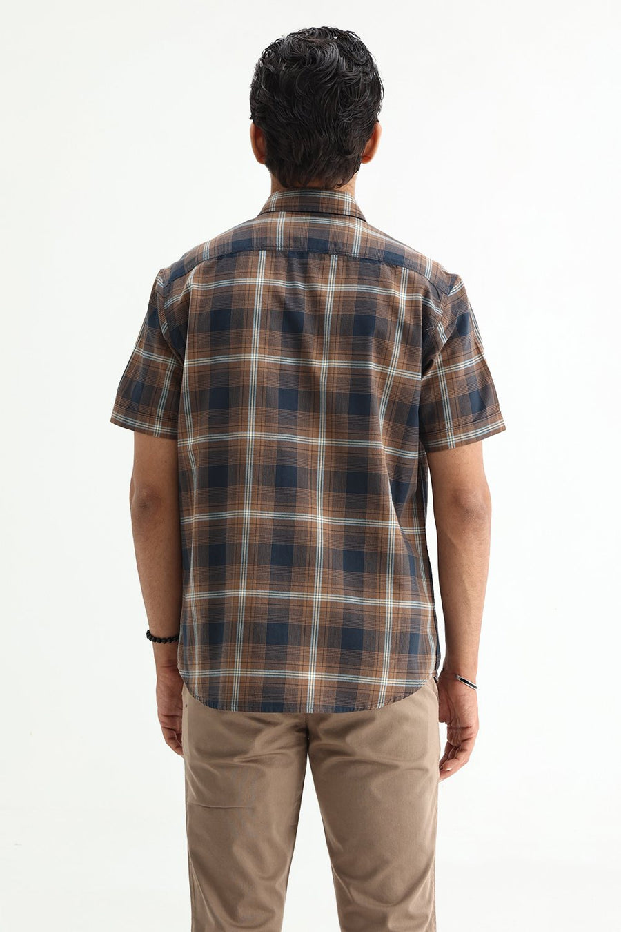 BASICS SLIM FIT COCOA NAVY COTTON TWILL CHECKS HALFSLEEVES SHIRT