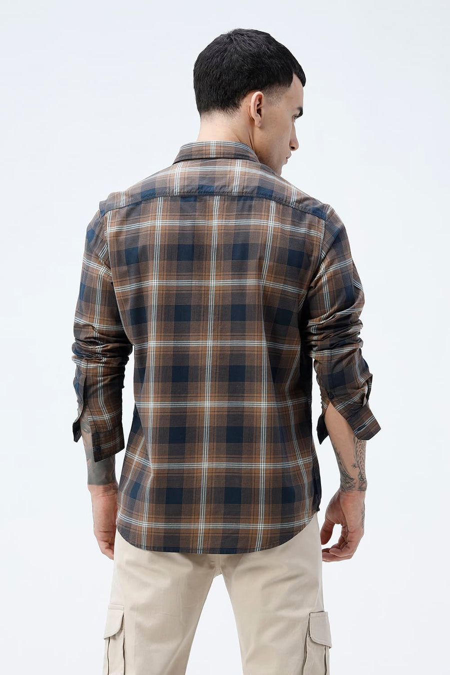 BASICS SLIM FIT COCOA NAVY COTTON TWILL CHECKS SHIRT